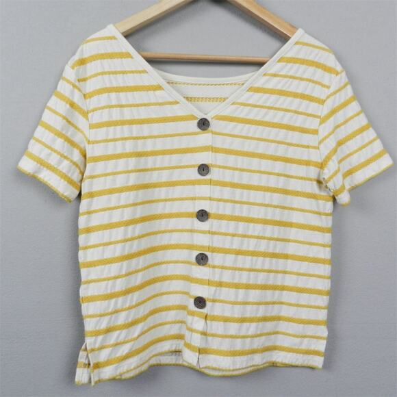 Old Navy Embroidered Striped Button Back Knit Top Size S Yellow Cream Tee - Picture 3 of 10